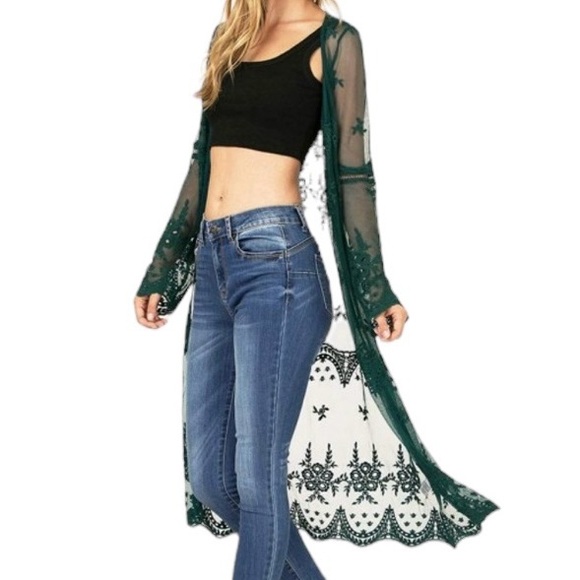 Haute Mode Mesh Embroidered Lace Long Sleeve Teal Cardigan - Picture 2 of 9